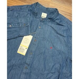 Nicobar Nawab Blue Denim Mandarin Collar Shirt Cotton Long Sleeve Sz XL Slim